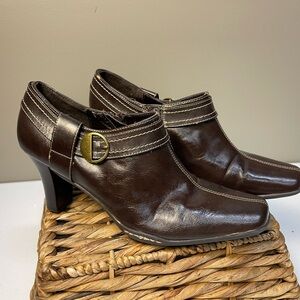 Aerology Dark Brown Leather Heeled Ankle Shoes with Gold Buckle